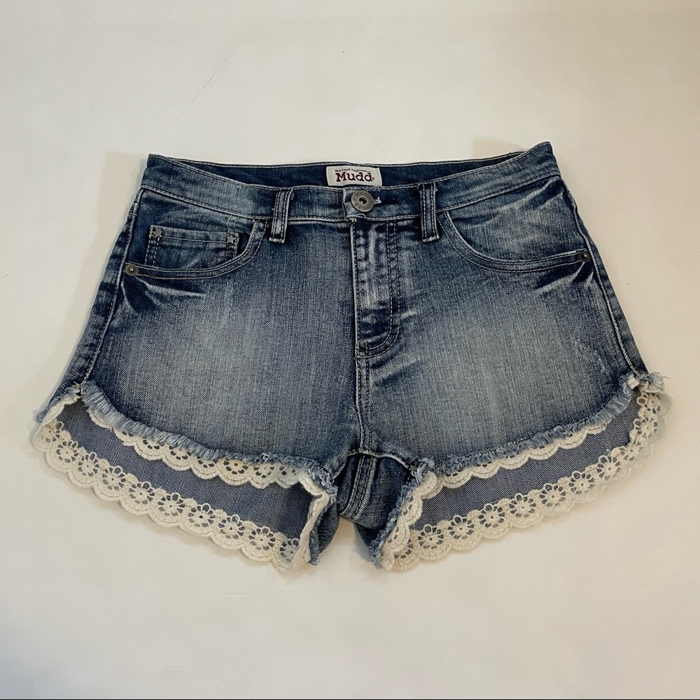 Mudd Women Slim Denim Shorts Stretch Lace Stitching Jeans Shorts